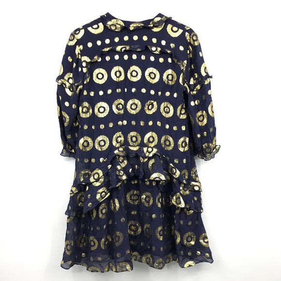 SALONI Tilly Ruffle Dress 8 Navy Gold Metallic Medallion Geometric 3/4 Sleeve - Picture 2 of 7